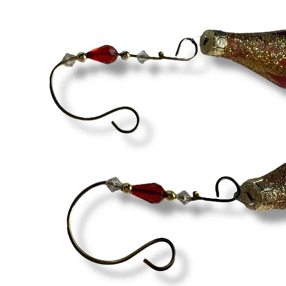 2 VTG Blown Glass Red Gold Glitter Rhinestone Icicle Oblong Christmas Ornaments